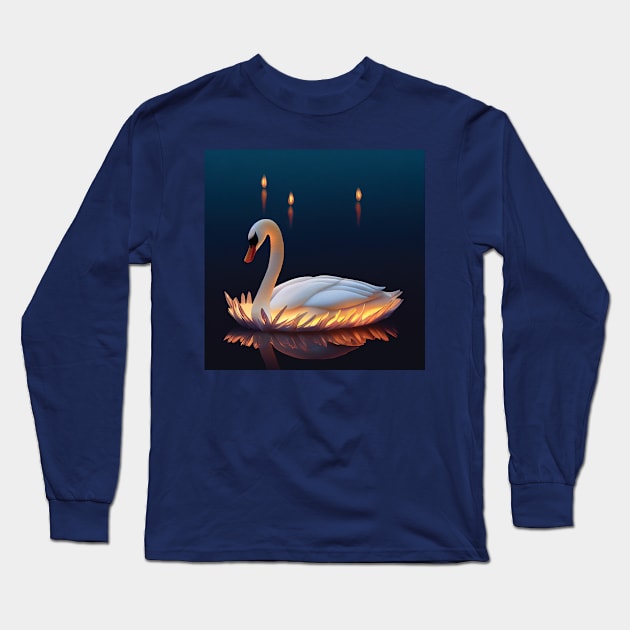 Beautiful, Graceful Swan glowing in a Candlelit Lake. Romantic Image Long Sleeve T-Shirt by Geminiartstudio